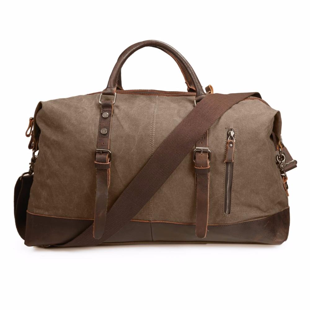Canvas Shoulder Duffel Bag w/ Genuine Leather Trim
